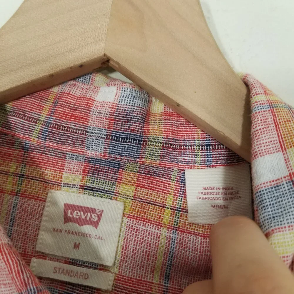 Levi's Linen Blend Plaid Button Down Shirt Short Sleeve Size M
